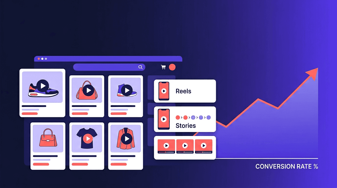 Illustration of shoppable video widgets boosting Shopify store conversion rates