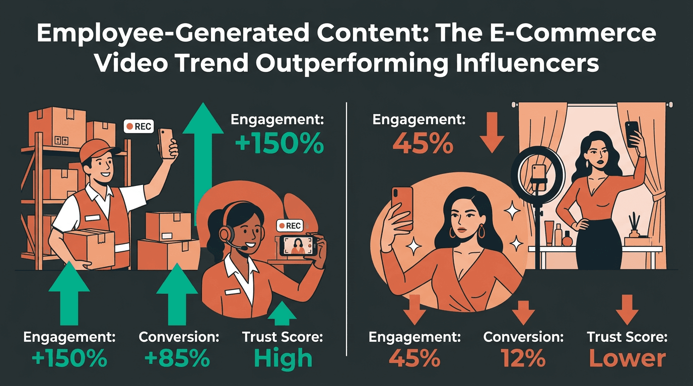 Illustration showing employee-generated content outperforming traditional influencer marketing in e-commerce