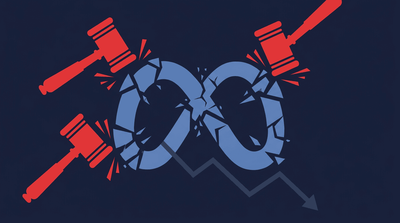 Meta logo cracking under three gavels with a declining stock chart, representing the landmark court rulings of March 2026