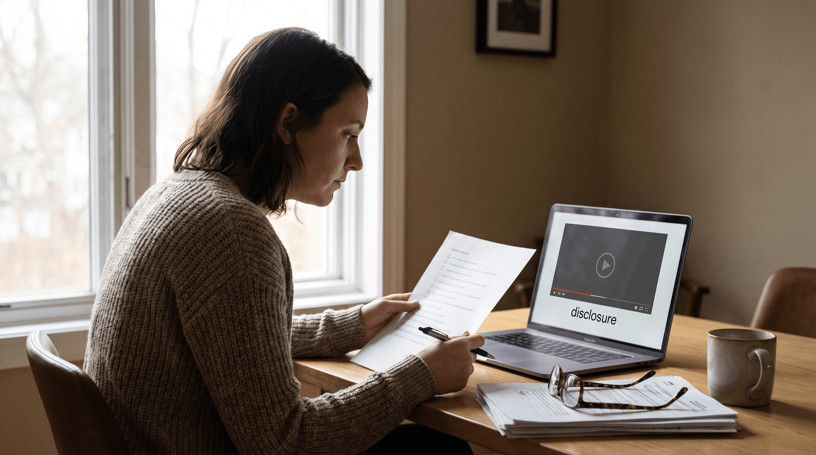 A person carefully reviewing an AI-generated video disclosure checklist at a desk