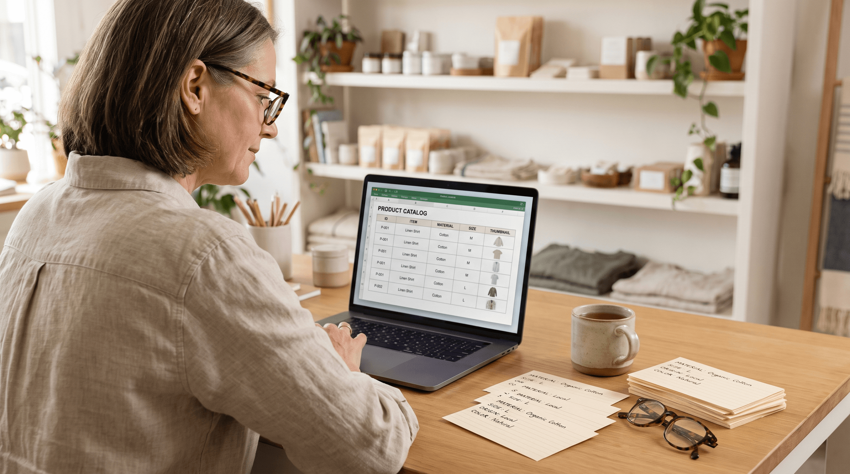 A Shopify merchant reviewing a structured product-catalog spreadsheet with handwritten attribute cards on the desk