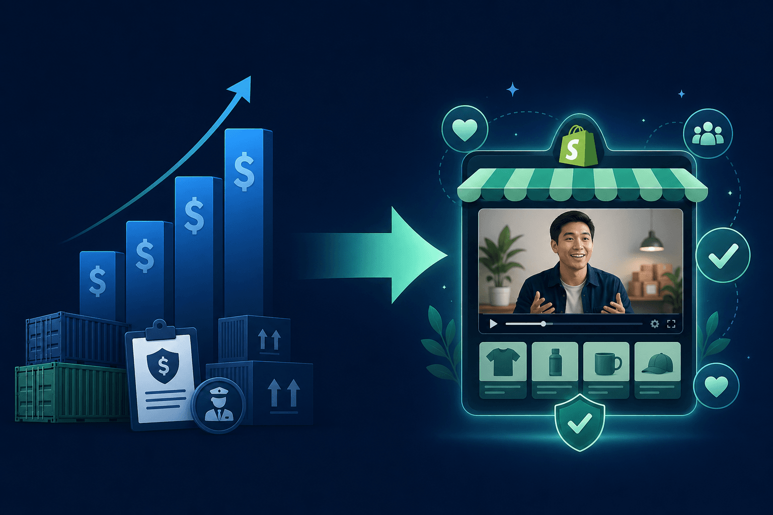 Illustration of rising tariff costs contrasted with a Shopify store using brand story videos to justify pricing