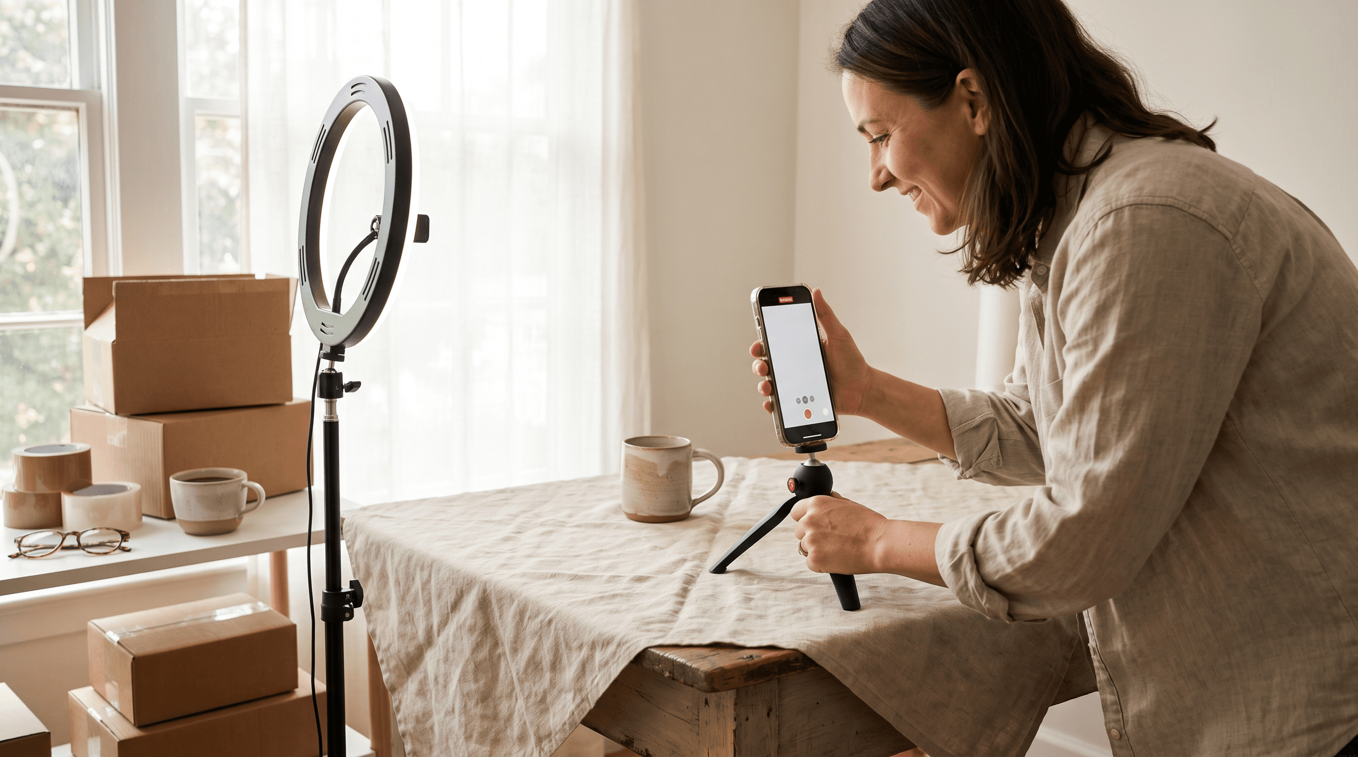 A Shopify merchant filming a shoppable product demo video with a smartphone on a tripod in a sunlit studio
