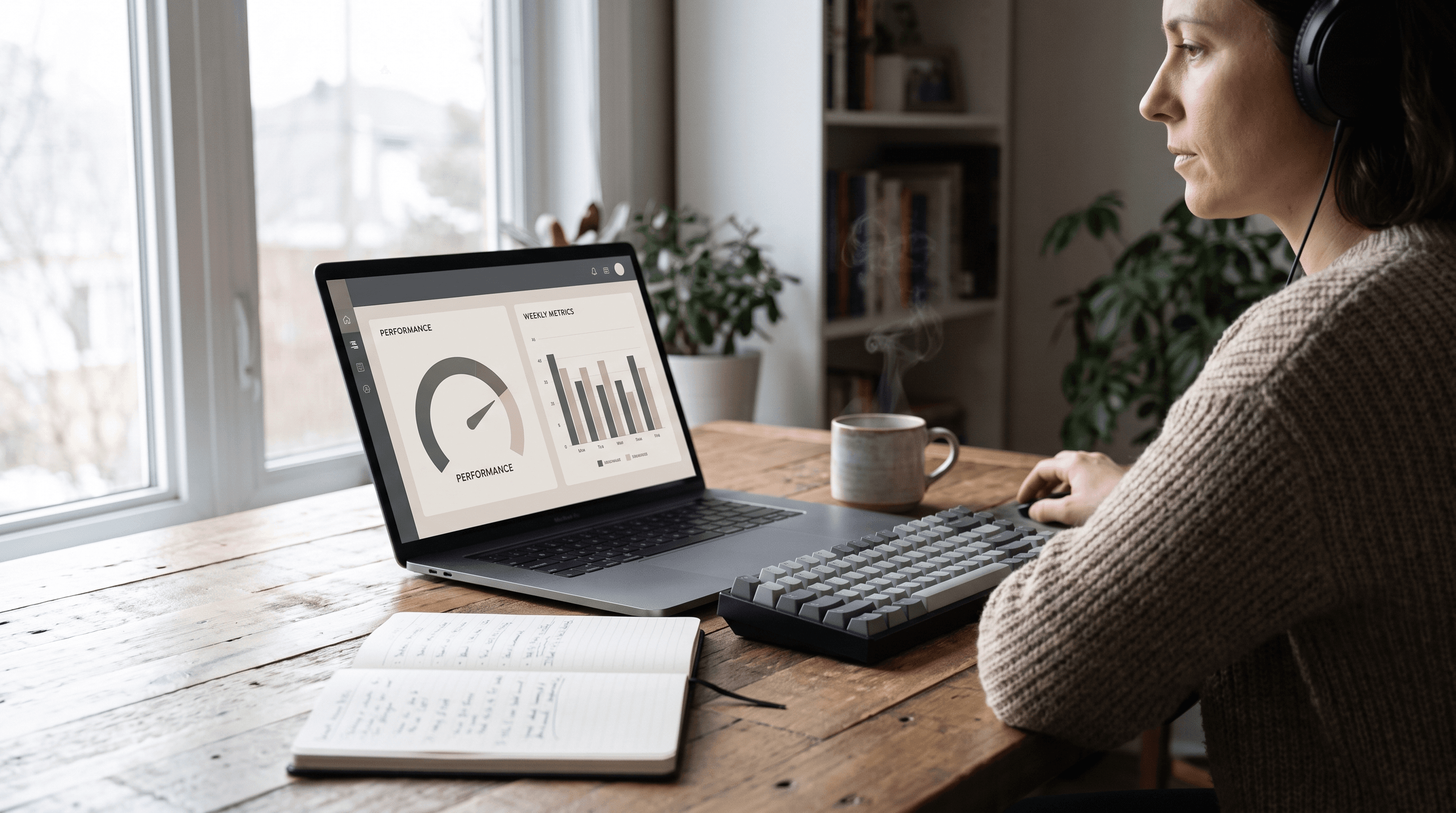 A developer reviewing a Shopify store's page speed and performance dashboard on a laptop